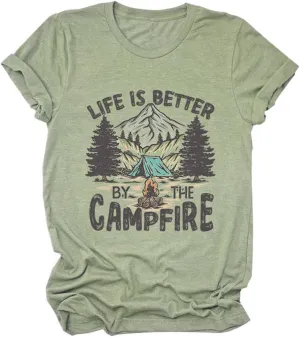 Camp Lover Life Shirt, Life is Better by The Campfire T-Shirt for Camper Hiking Short Sleeve Family Trip Tee Tops