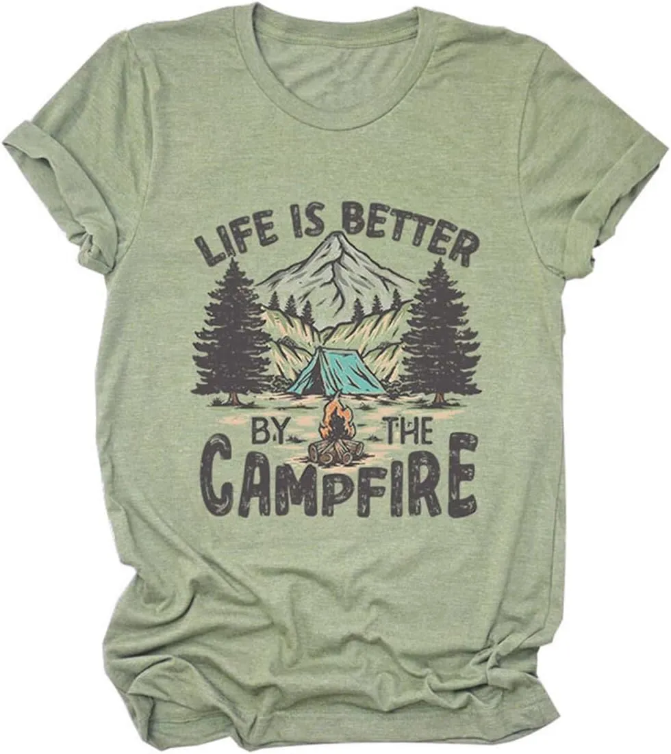 Camp Lover Life Shirt, Life is Better by The Campfire T-Shirt for Camper Hiking Short Sleeve Family Trip Tee Tops