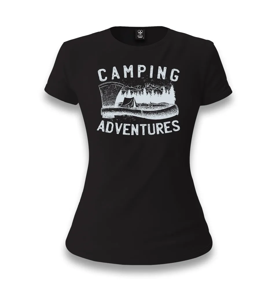 Camping Adventure Axe and Tent Women's Black T-shirt