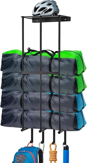 Camping Chair Wall Storage for Garage, Metal Camping Chair Storage Rack Wall Holder, Floating Shelf, 4 Hooks, Stainless Steel, Beach Chair Rack, Umbrella Holder, Garage Chair Organizer, Black