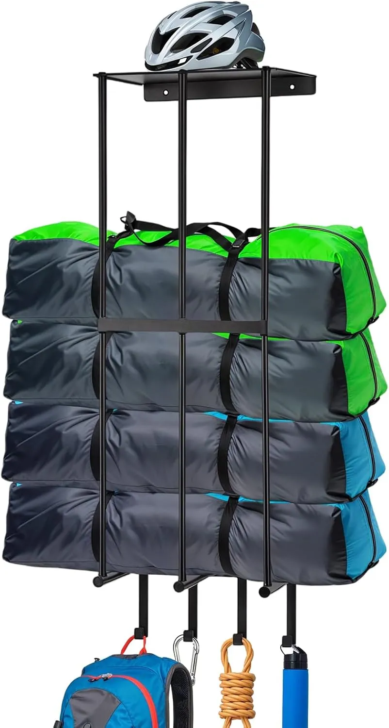 Camping Chair Wall Storage for Garage, Metal Camping Chair Storage Rack Wall Holder, Floating Shelf, 4 Hooks, Stainless Steel, Beach Chair Rack, Umbrella Holder, Garage Chair Organizer, Black