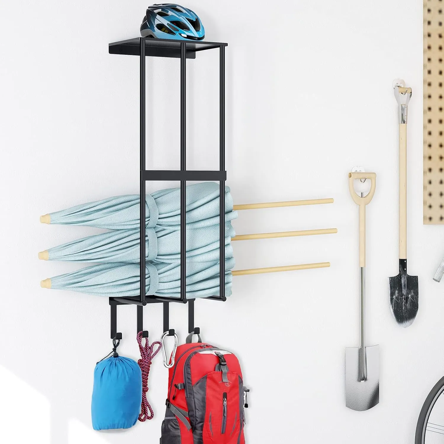 Camping Chair Wall Storage for Garage - Metal Rack Holder, Floating Shelf, 4 Hooks, Stainless Steel - Beach Chair and Umbrella Organizer, Black