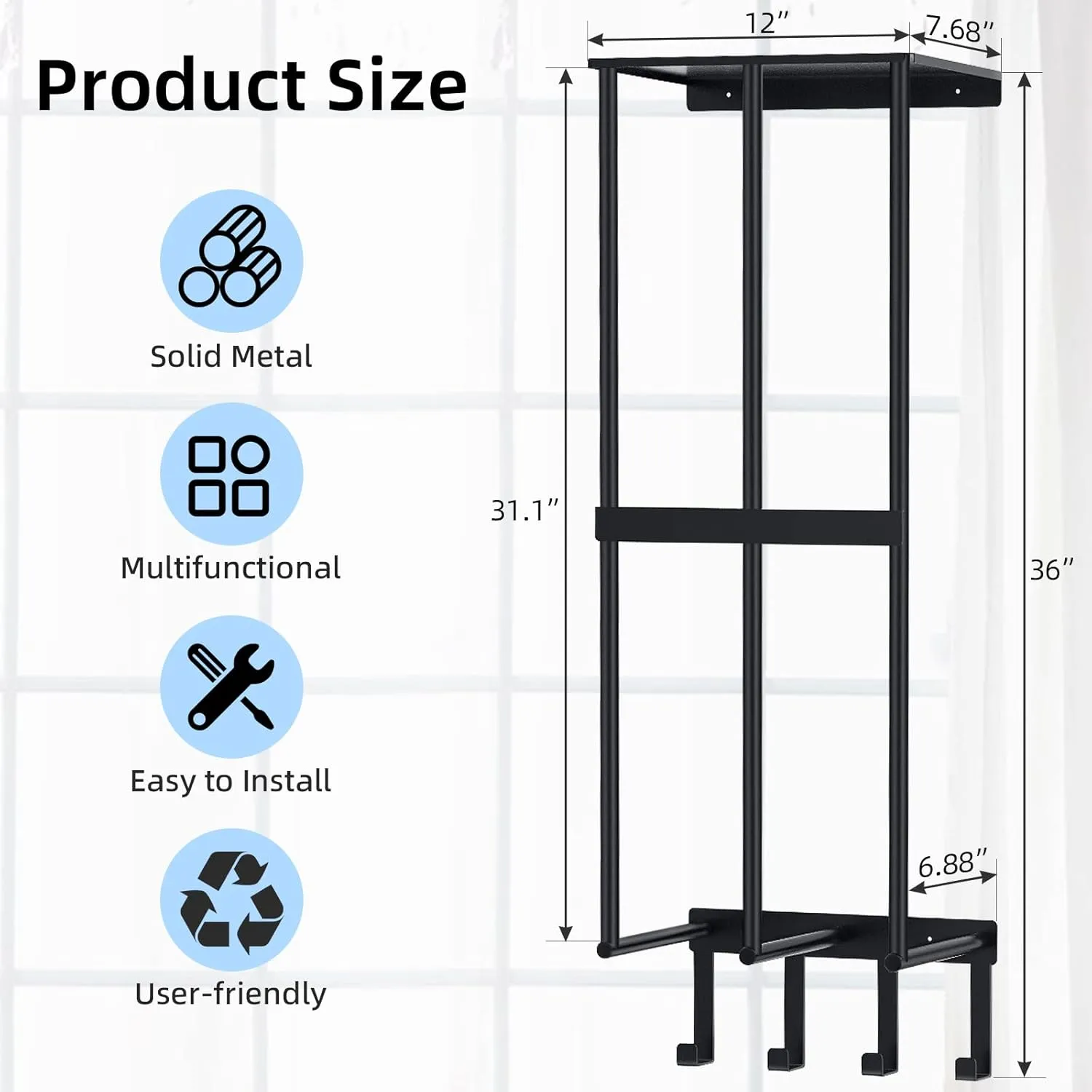 Camping Chair Wall Storage for Garage - Metal Rack Holder, Floating Shelf, 4 Hooks, Stainless Steel - Beach Chair and Umbrella Organizer, Black