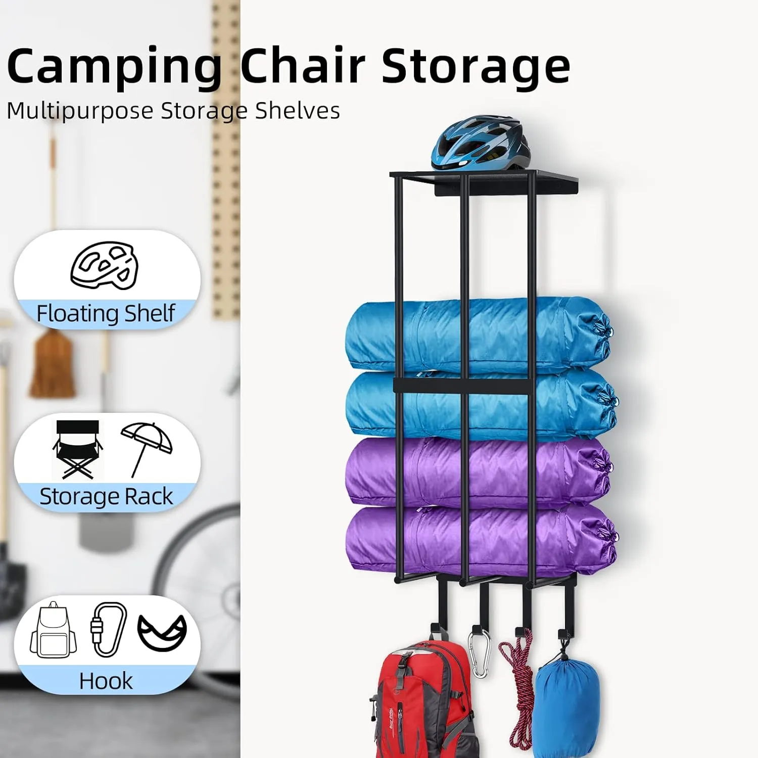 Camping Chair Wall Storage for Garage - Metal Rack Holder, Floating Shelf, 4 Hooks, Stainless Steel - Beach Chair and Umbrella Organizer, Black