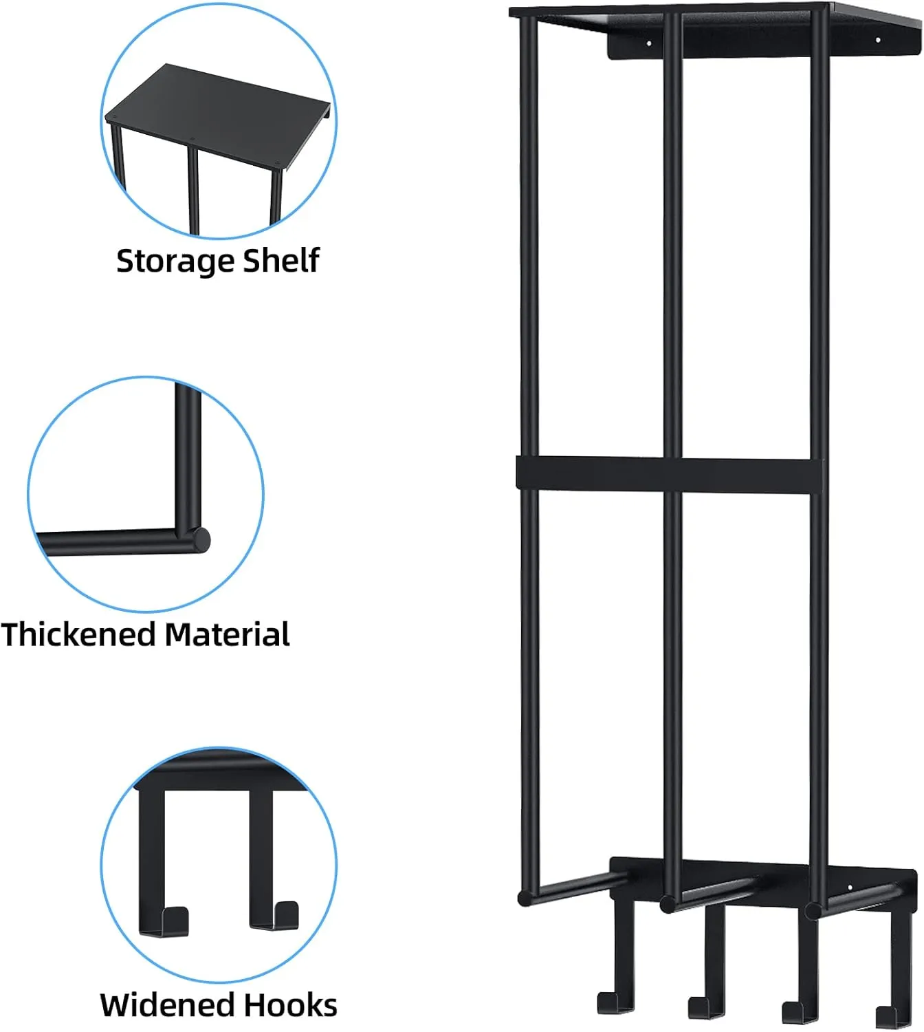 Camping Chair Wall Storage for Garage - Metal Rack Holder, Floating Shelf, 4 Hooks, Stainless Steel - Beach Chair and Umbrella Organizer, Black