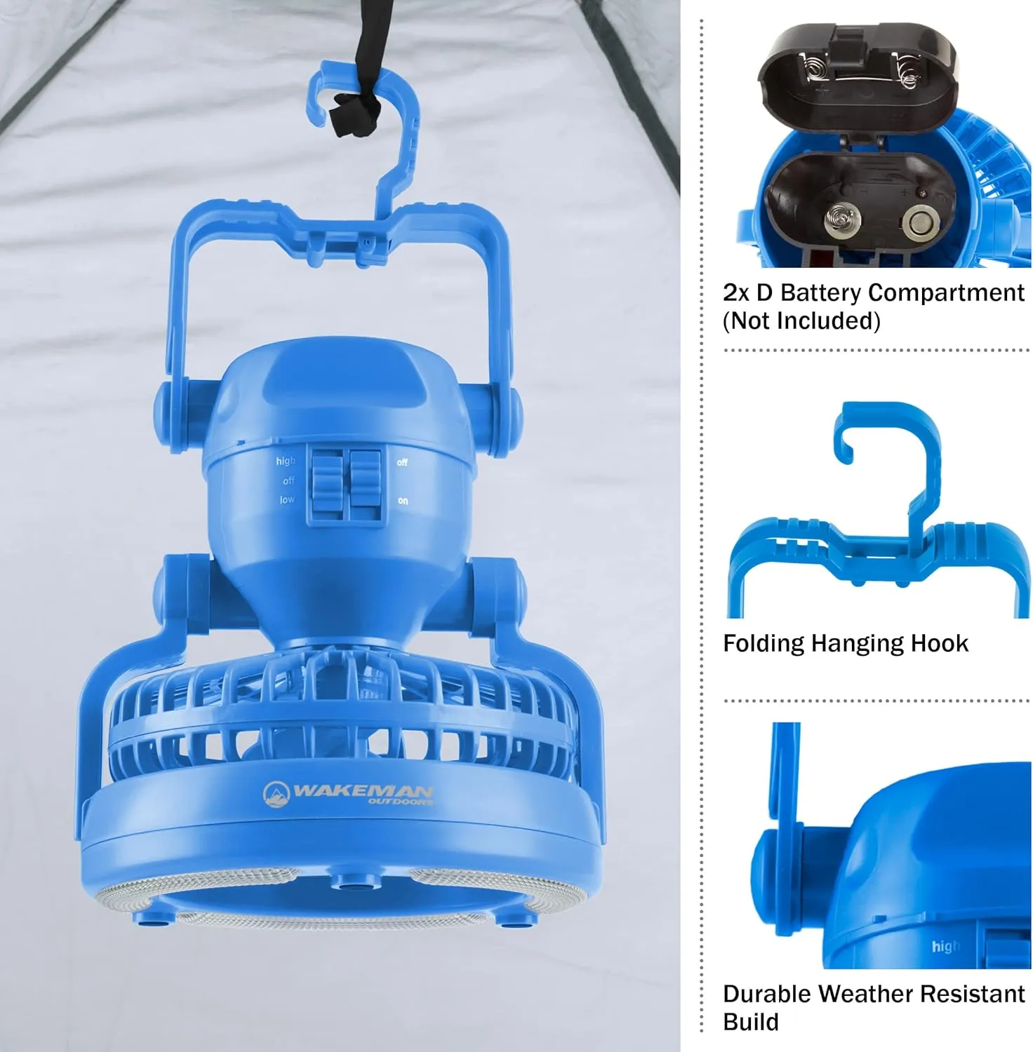 Camping Lantern with Fan Set ? Set of 2 Weather-Resistant Camping Lights with 18 LED Bulbs and High and Low Fan Settings by Wakeman (Blue)