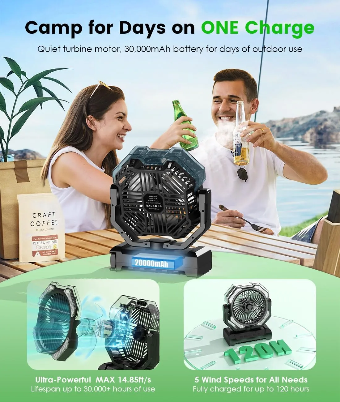 Camping Misting Fan - 30000mAh Portable Battery Powered Fans with 9oz Water Tank, Light, Hook - Rechargeable, 120H Cooling, Last 5H Mist, 4 Speed, Sleep Mode - Outdoor Fan for Travel, Patios, Fishing