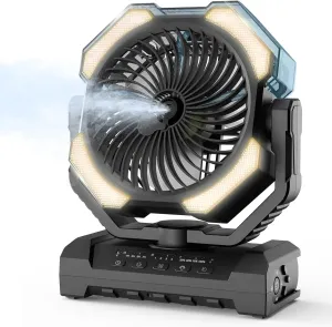Camping Misting Fan - 30000mAh Portable Battery Powered Fans with 9oz Water Tank, Light, Hook - Rechargeable, 120H Cooling, Last 5H Mist, 4 Speed, Sleep Mode - Outdoor Fan for Travel, Patios, Fishing