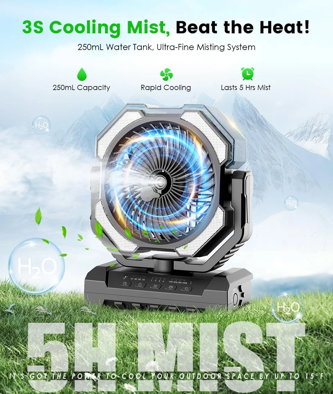 Camping Misting Fan - 30000mAh Portable Battery Powered Fans with 9oz Water Tank, Light, Hook - Rechargeable, 120H Cooling, Last 5H Mist, 4 Speed, Sleep Mode - Outdoor Fan for Travel, Patios, Fishing