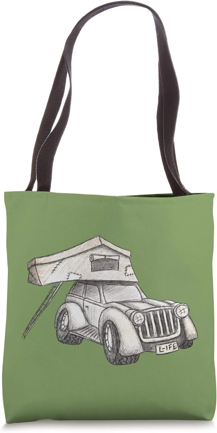 Camping on Old School Offroad Car Camper Rooftop Tent Tote Bag