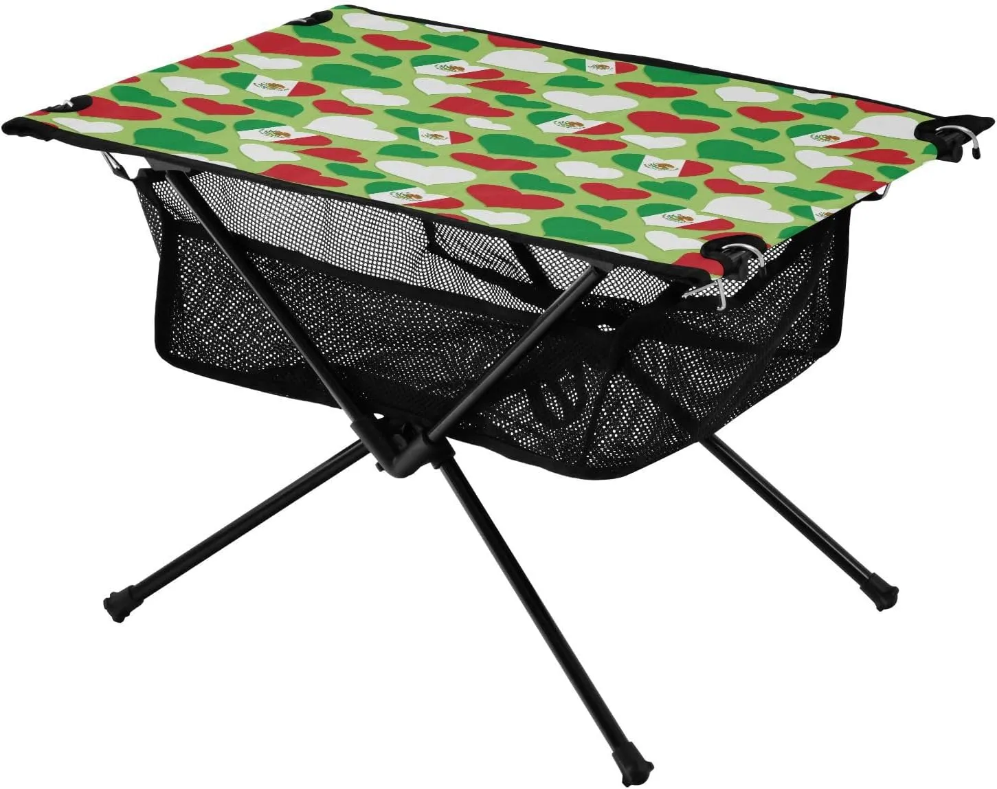 Camping Table Lightweight Portable Folding Table with Mesh Storage Net Green White Red Hearts Mexican Flags Ideal for Camping Hiking Beach Picnic Travel Backyard