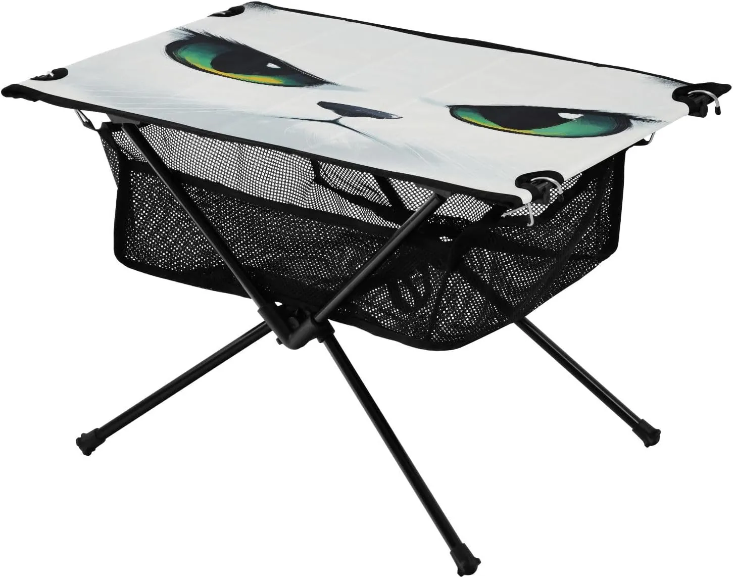 Camping Table Lightweight Portable Folding Table with Mesh Storage Net White Cat Animal Eyes Ideal for Camping Hiking Beach Picnic Travel Backyard