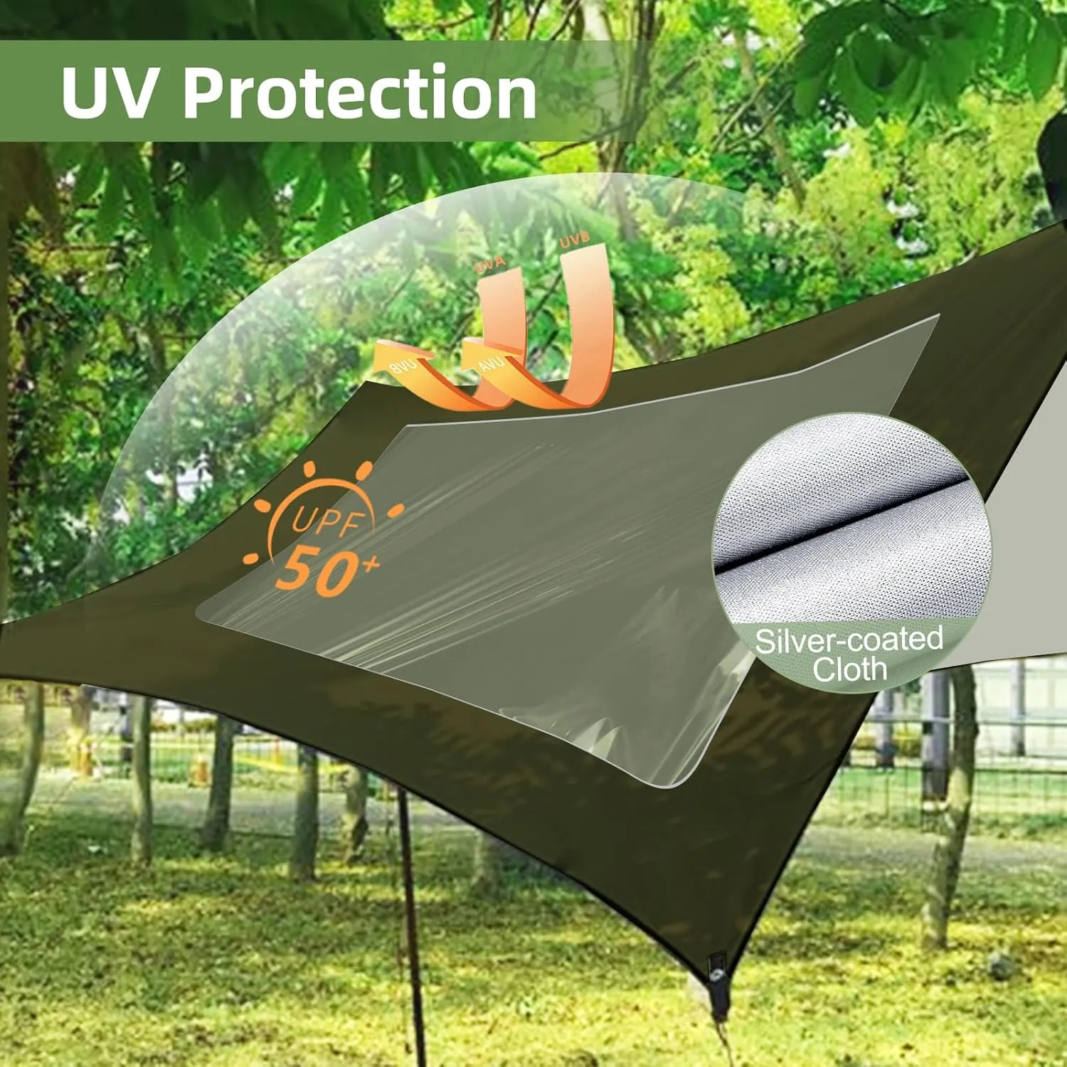 Camping Tarp, Waterproof 5000mm Rating Hammock Rain Fly, UV UPF50  Tent Tarp, Multifunctional Canopy Shelter for Backpacking, Hiking, Traveling, 10×10 FT, Green