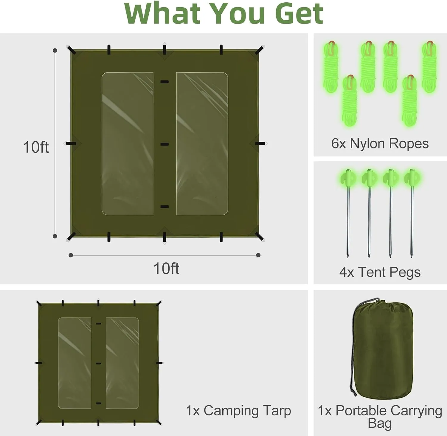Camping Tarp, Waterproof 5000mm Rating Hammock Rain Fly, UV UPF50  Tent Tarp, Multifunctional Canopy Shelter for Backpacking, Hiking, Traveling, 10×10 FT, Green