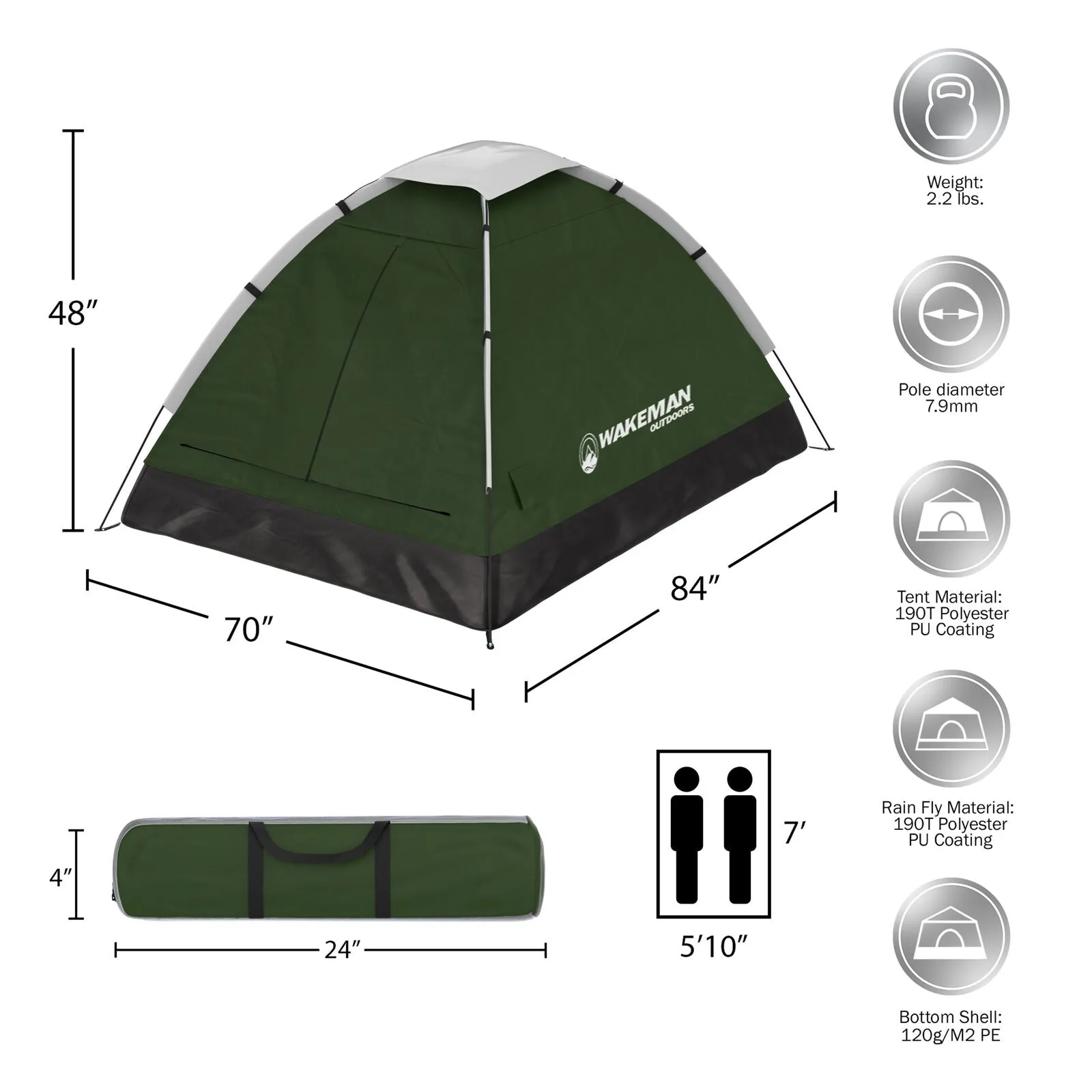 Camping Tent - 2 Person Easy Assembly Carry Bag Tent - Green