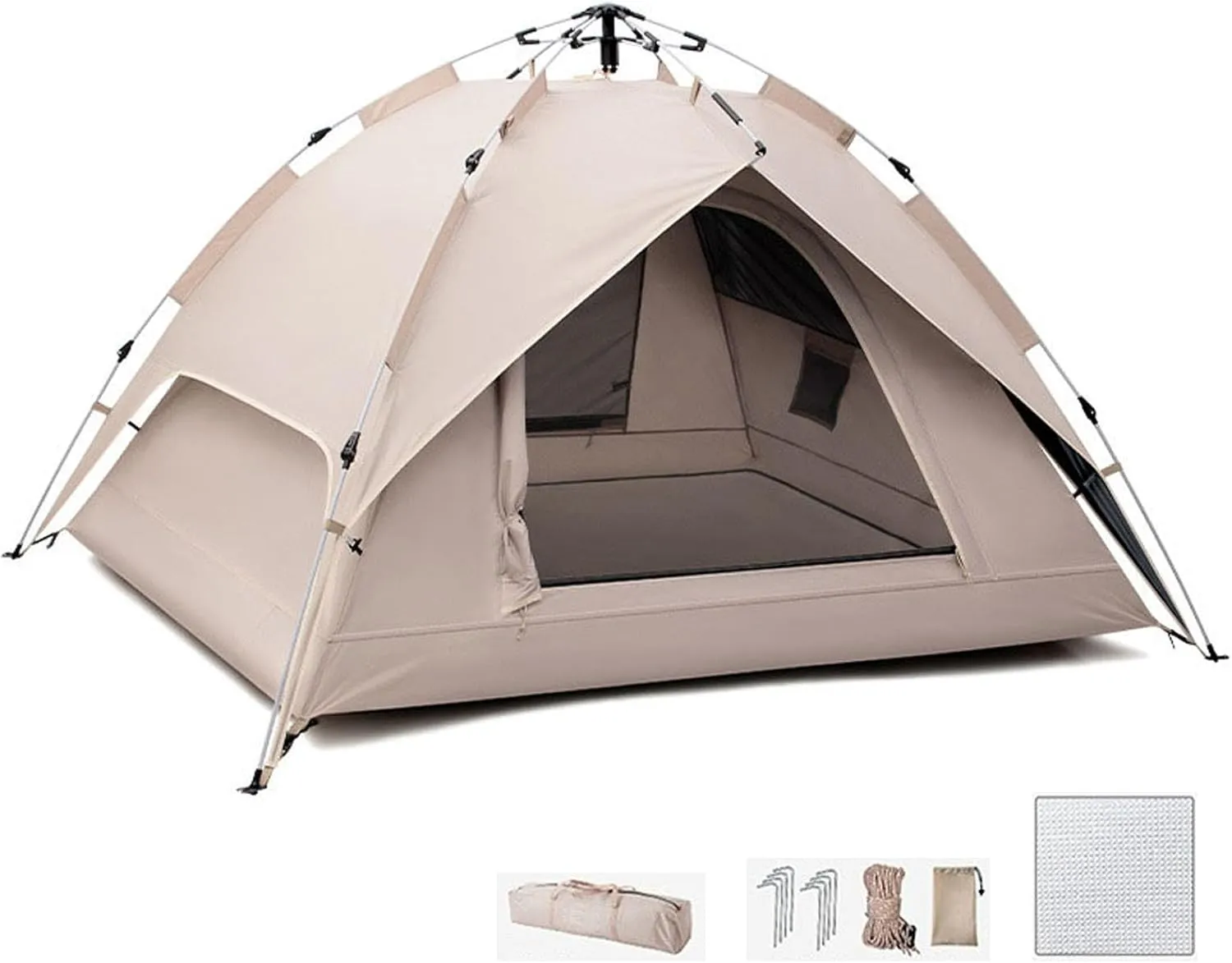 Camping Tent 3-4 Person Dome Tents with Moisture-Proof Mat, Family Tents, 2 Doors, Waterproof, UV Protection, Easy Setup Automatic Tents for Camping, Hiking and Traveling