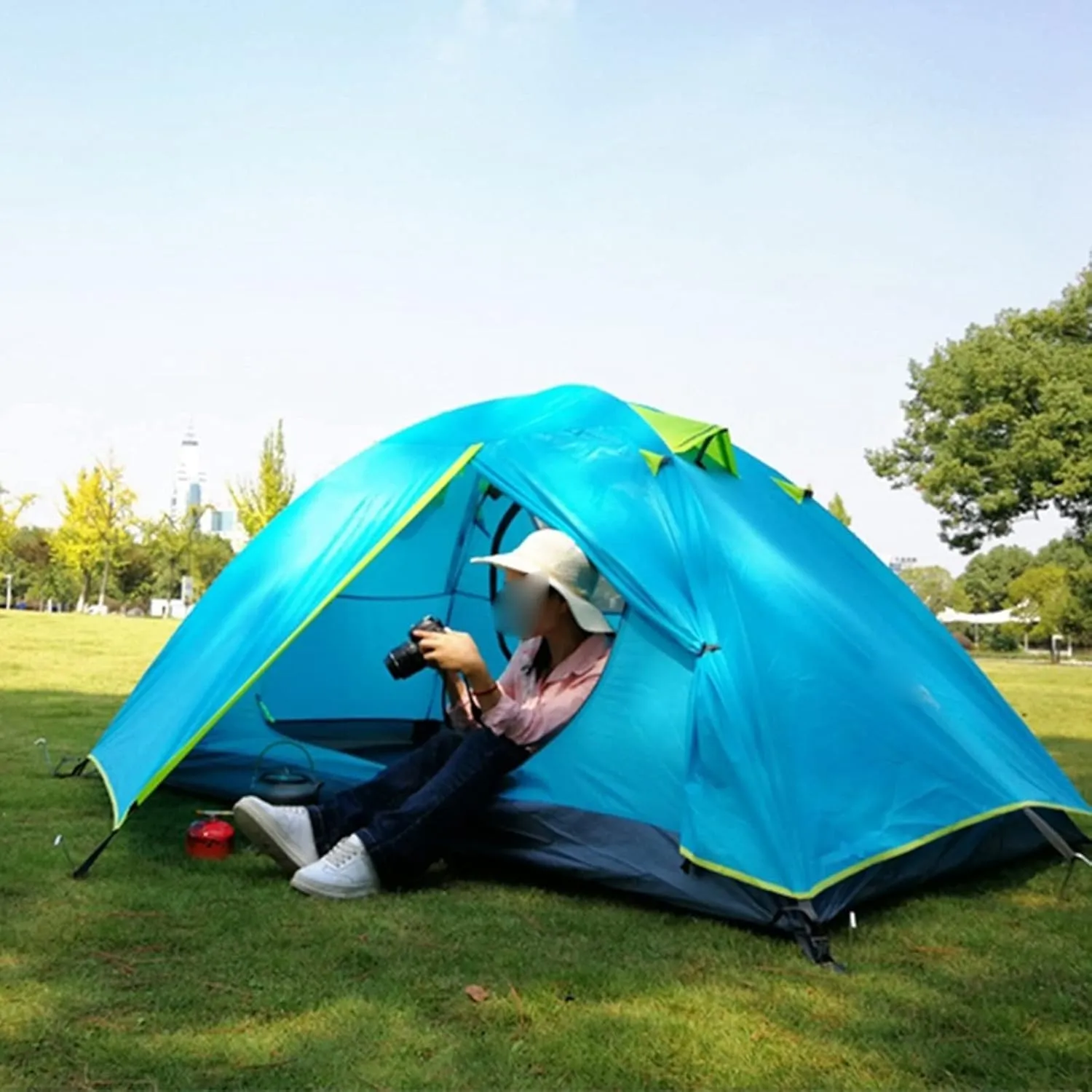 Camping Tent 3-4 Person Family Tent, Lightweight Portable Alumimun Pole Waterproof Anti-Storm Double Layer 4 Season Camping Tent (Blue One Size)