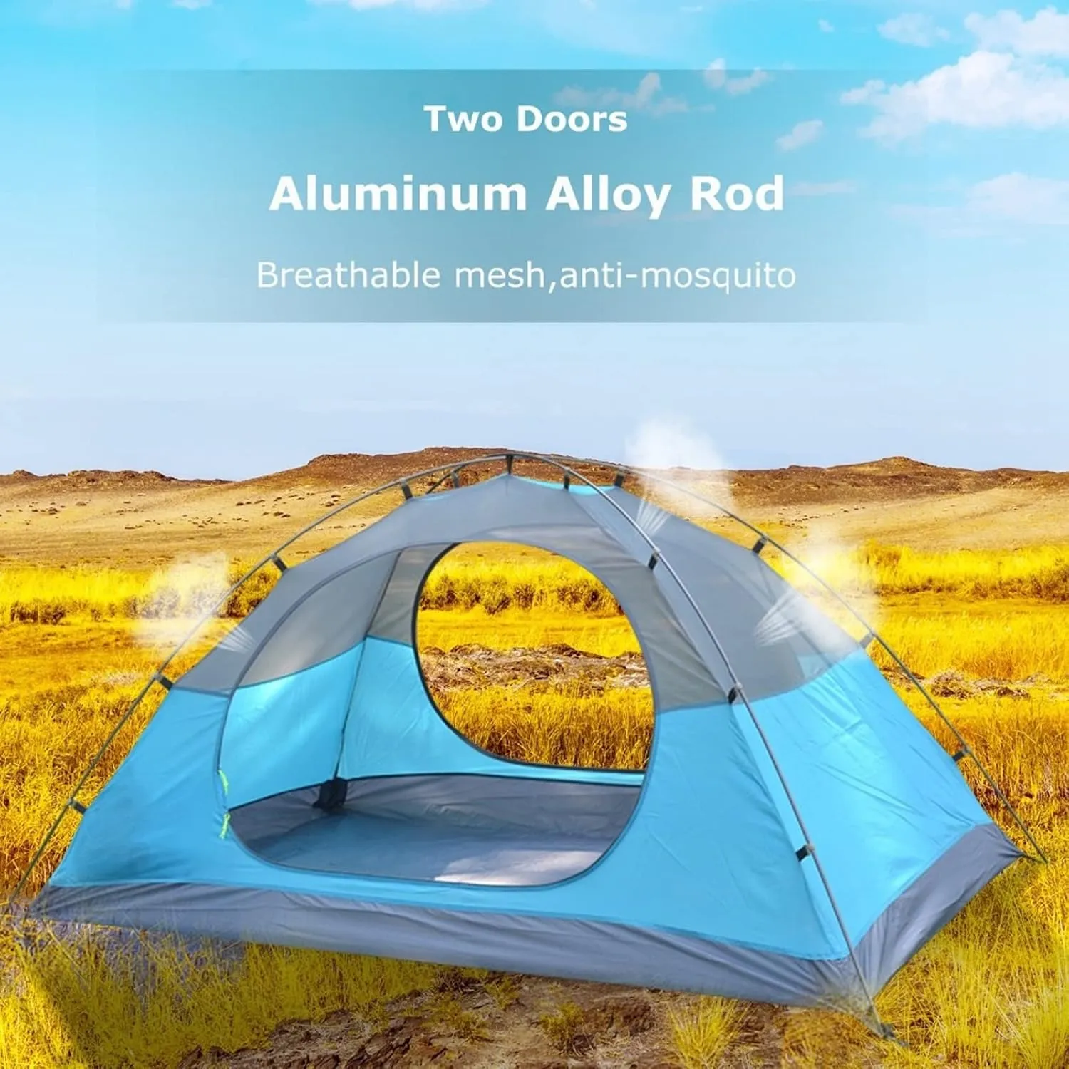 Camping Tent 3-4 Person Family Tent, Lightweight Portable Alumimun Pole Waterproof Anti-Storm Double Layer 4 Season Camping Tent (Blue One Size)