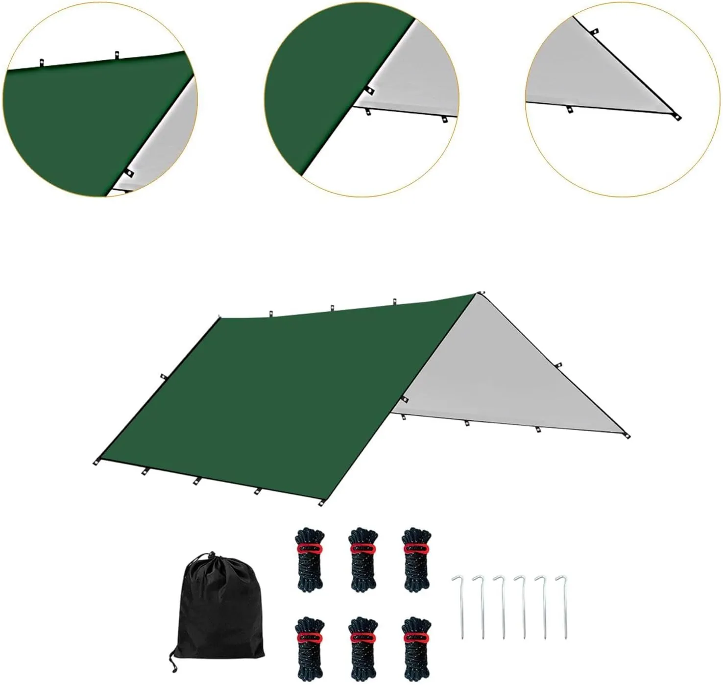 Camping Tent Tarp Multifunctional with 6 Stakes and 6 Ropes Foldable Sun Canopy Waterproof for Climbing Fishing Lightweight, Green S