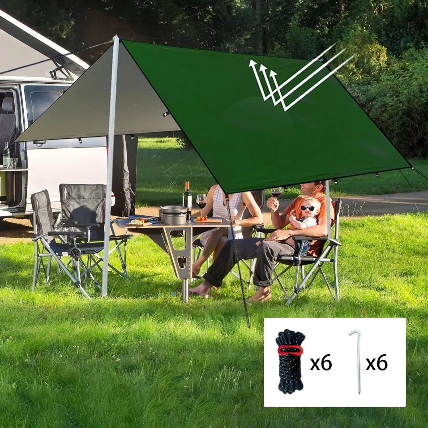 Camping Tent Tarp Multifunctional with 6 Stakes and 6 Ropes Foldable Sun Canopy Waterproof for Climbing Fishing Lightweight, Green S