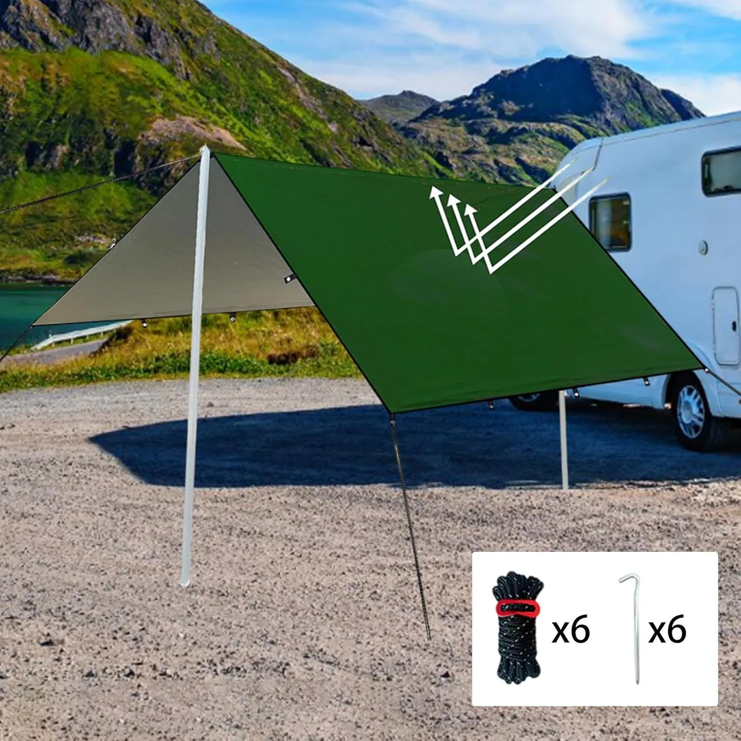 Camping Tent Tarp Multifunctional with 6 Stakes and 6 Ropes Foldable Sun Canopy Waterproof for Climbing Fishing Lightweight, Green S