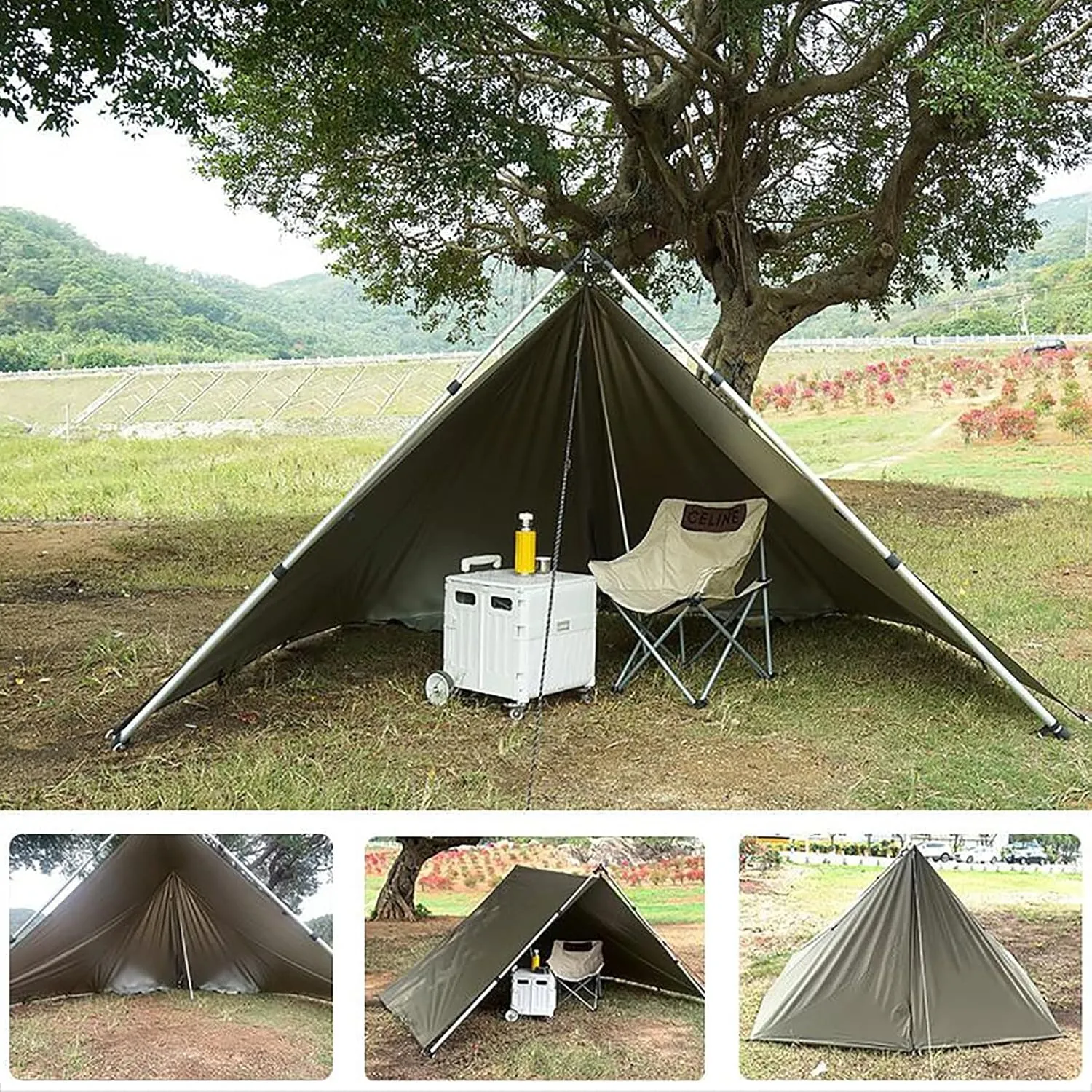 Camping Tent Tarp Olive Green Portable Hammock Rain Fly for Camping, Ultralight Waterproof Hammock Tarp, Reusable Rectangle Survival Shelter with Stakes, Wind Ropes and Carry Bag