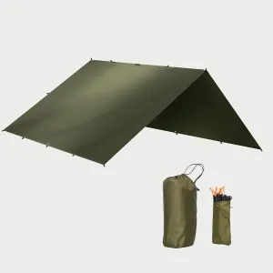 Camping Tent Tarp Olive Green Portable Hammock Rain Fly for Camping, Ultralight Waterproof Hammock Tarp, Reusable Rectangle Survival Shelter with Stakes, Wind Ropes and Carry Bag