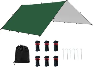 Camping Tent Tarp Sun Canopy with 6 Stakes and 6 Ropes Waterproof Multifunctional for RV Car Truck Side Shade Lightweight, Green L