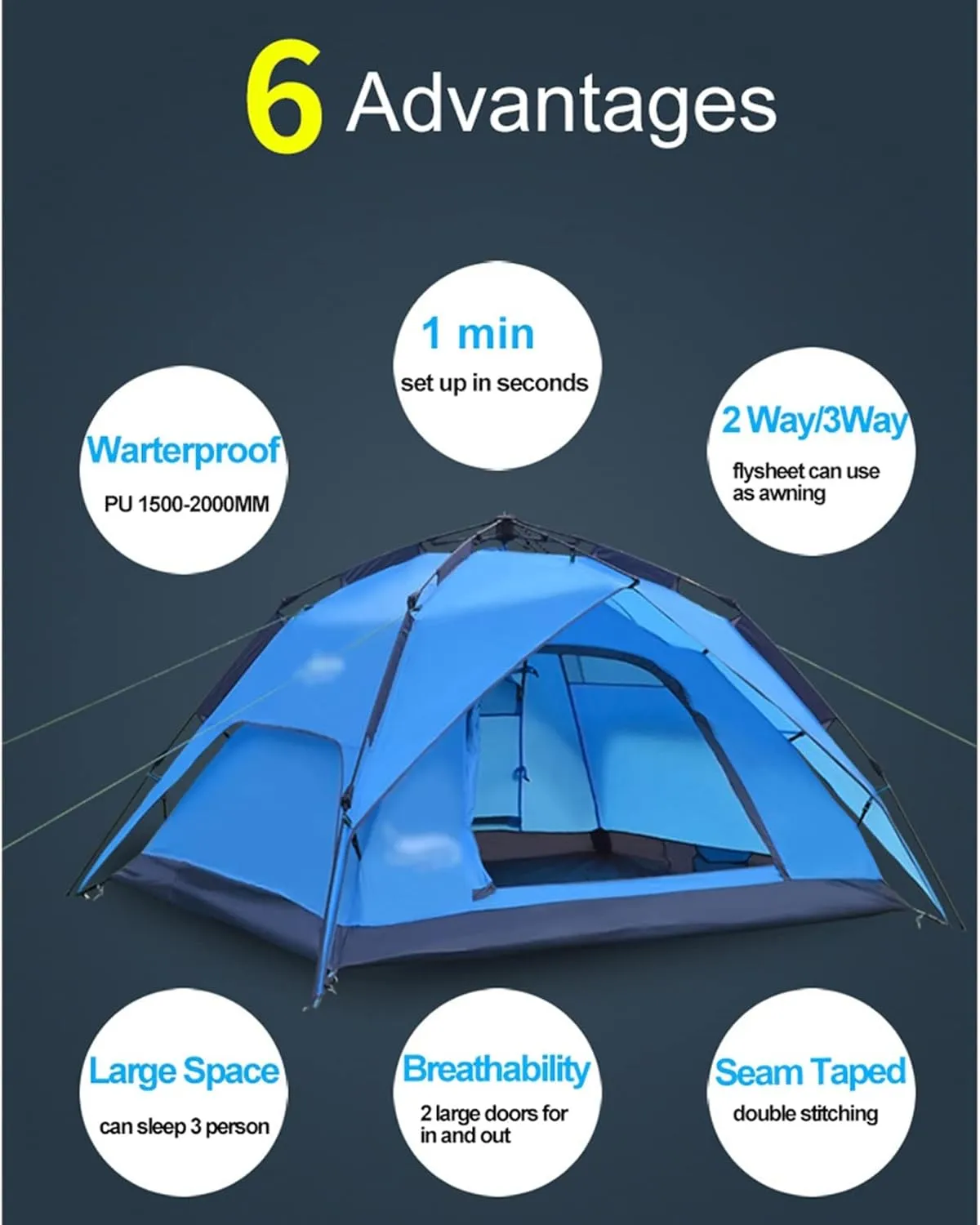 Camping Tents, Automatic Tent 3-4 Person Camping Tent,Easy Instant Setup-Protable Backpacking for Sun Shelter,Travelling,Hiking (Color : 2 Way use Olive, Size : 200x180x130cm)