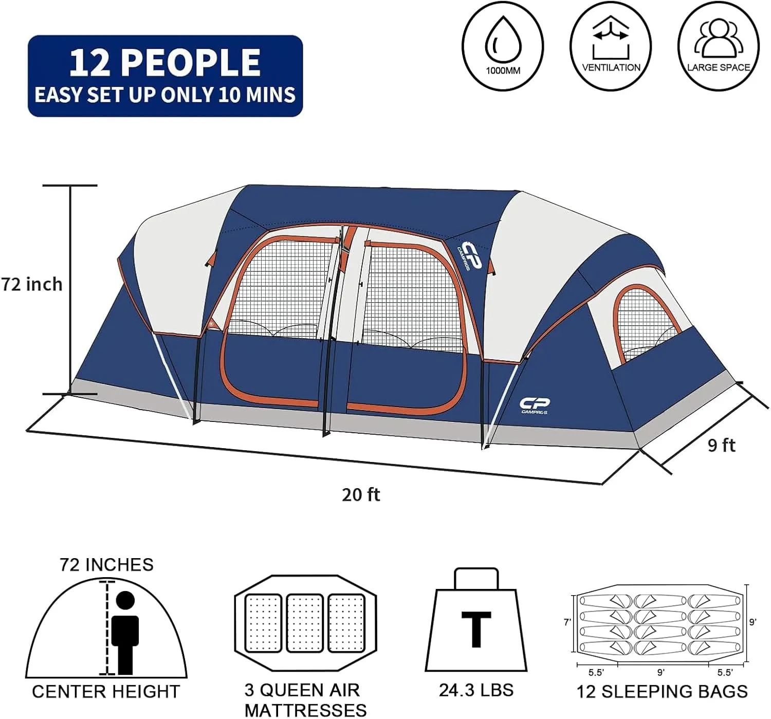 CAMPROS CP Tent 12-Person-Camping-Tents,3 Room Family Tents,Waterproof Windproof Family Tent with Top Rainfly,6 Large Mesh Windows,Double Layer,Easy Set Up, Portable with Carry Bag-20' x 9' x 72"(H)
