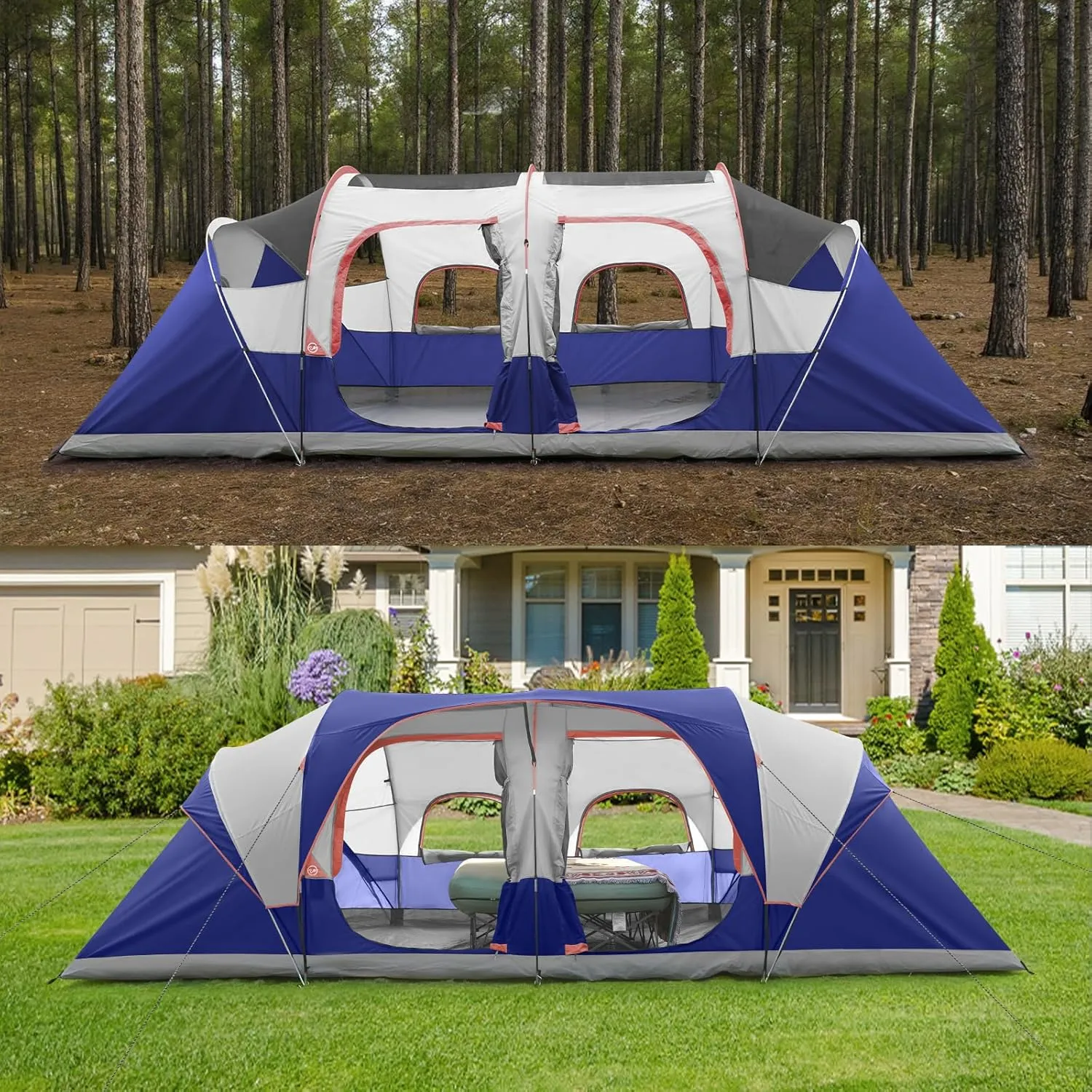 CAMPROS CP Tent 12-Person-Camping-Tents,3 Room Family Tents,Waterproof Windproof Family Tent with Top Rainfly,6 Large Mesh Windows,Double Layer,Easy Set Up, Portable with Carry Bag-20' x 9' x 72"(H)