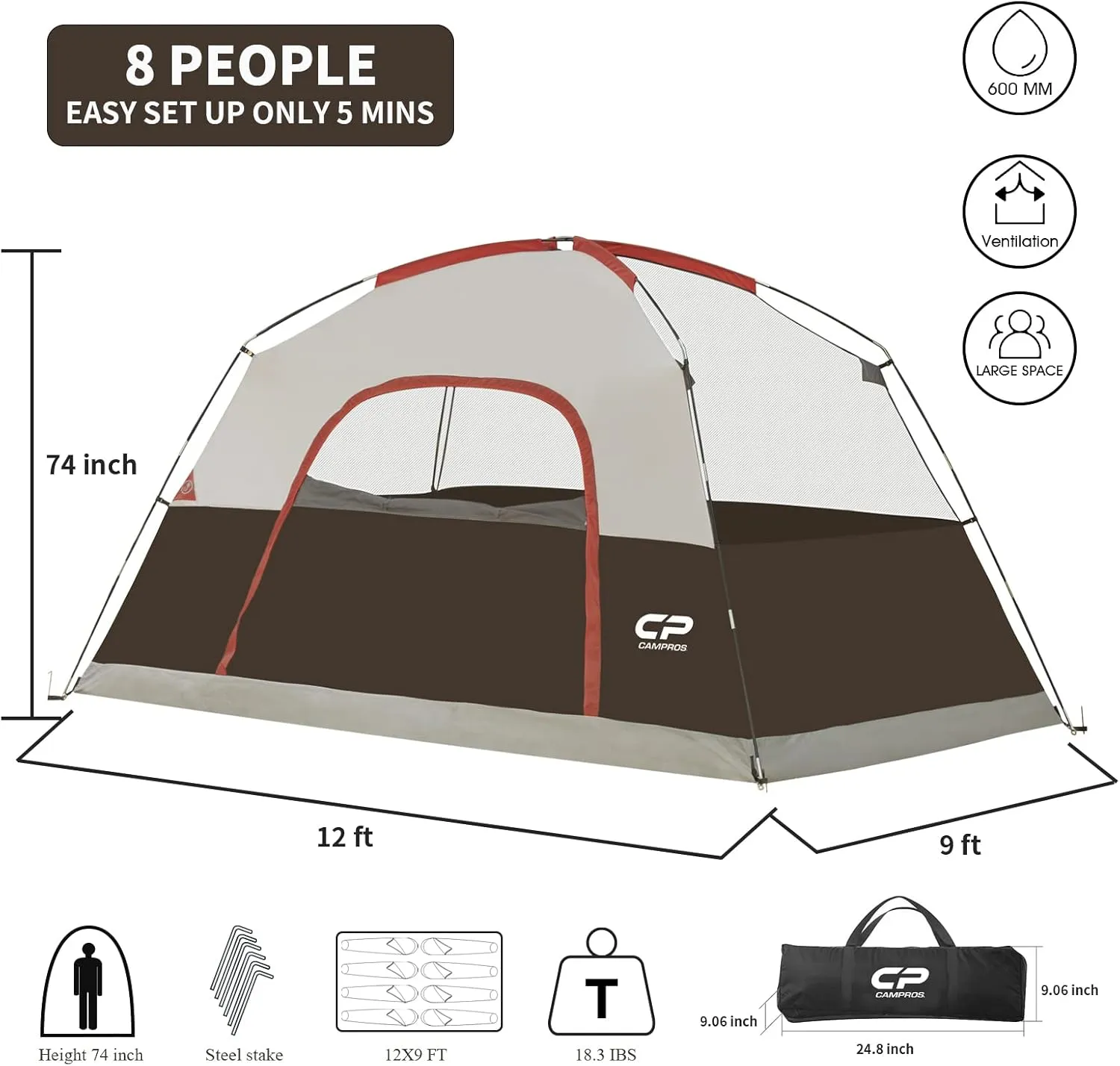 CAMPROS CP Tent 8 Person Camping Tents, Waterproof Windproof Family Dome Tent with Rainfly, Large Mesh Windows, Wider Door, Easy Setup, Portable with Carry Bag