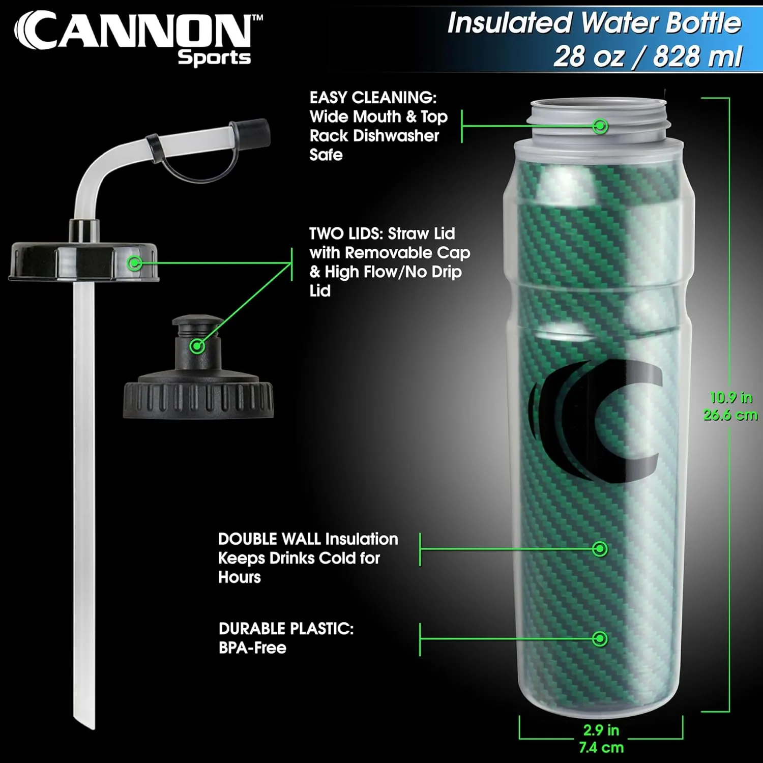 Cannon Sports 28oz Insulated Squeeze Water Bottle with Straw, Leak Proof Lids, 2 lids (Straw and Squeeze), Double Wall Insulation, Wide Mouth, BPA-Free (2 Pack) (Green)