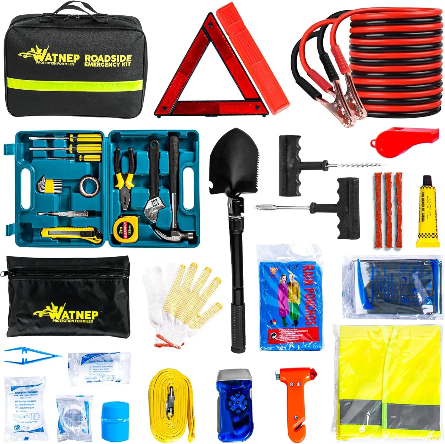 Car Emergency Roadside Tool Kit for Safety – Car Safety Kit for Vehicles with Jumper Cables, Car Repair Tool Set, Reflective Triangle, Vest, Top Rope, Shovel, Car Safety Hammer & First Aid Kit