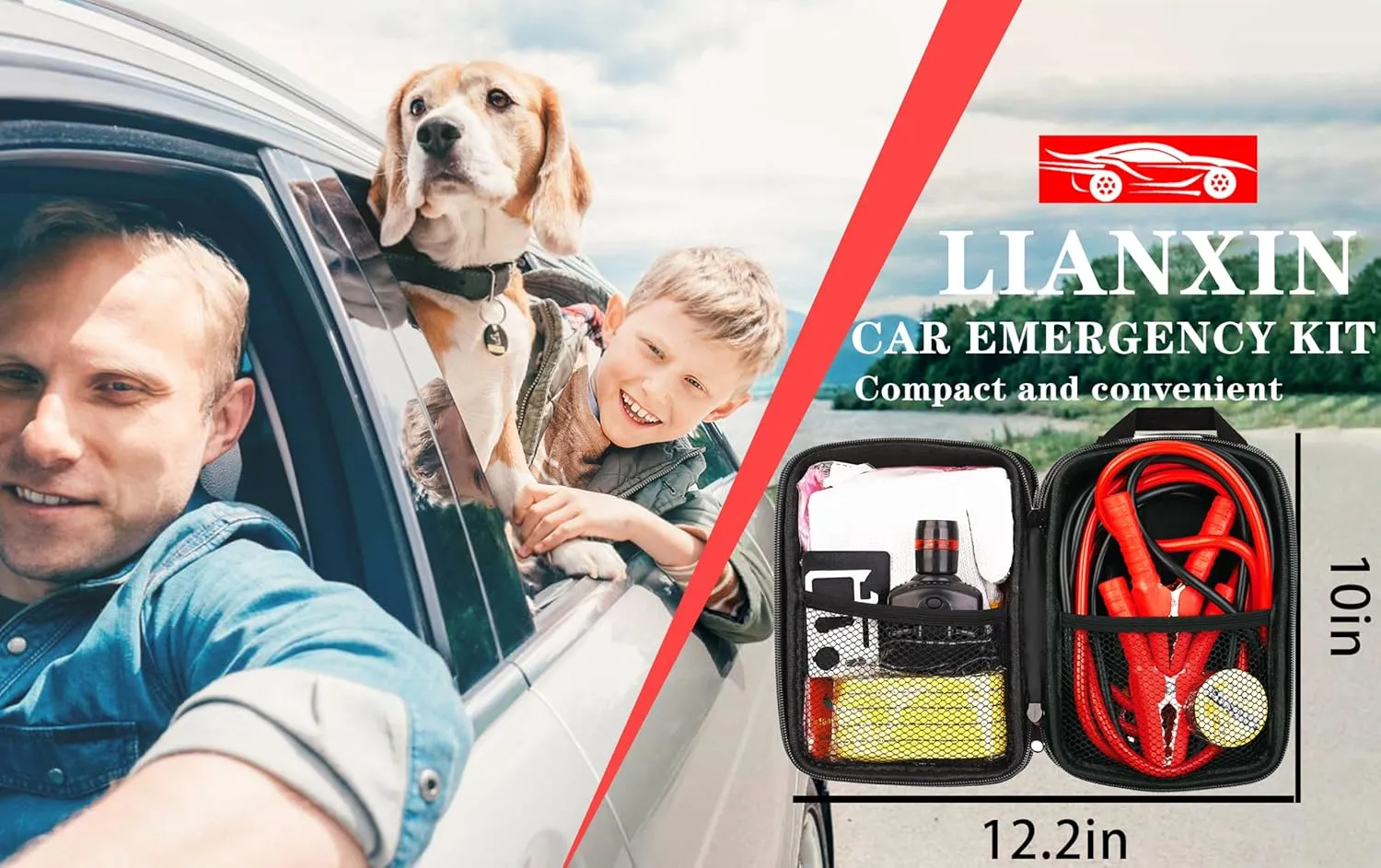 Car Roadside Emergency Kit, with Jumper Cables Automotive Kit,Car Safety Roadside Assistance Kit Headlamp,Tow Straps, Multi-Function Blades, Rainwear, Gloves.Blue