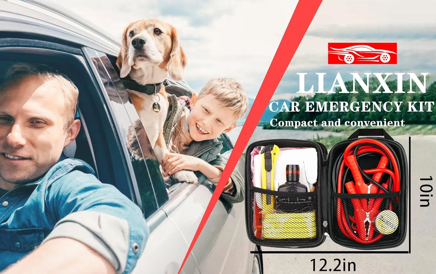 Car Roadside Emergency Kit, with Jumper Cables Automotive Kit,Car Safety Roadside Assistance Kit Headlamp,Tow Straps,Art Knife, Rainwear, Gloves.Grey