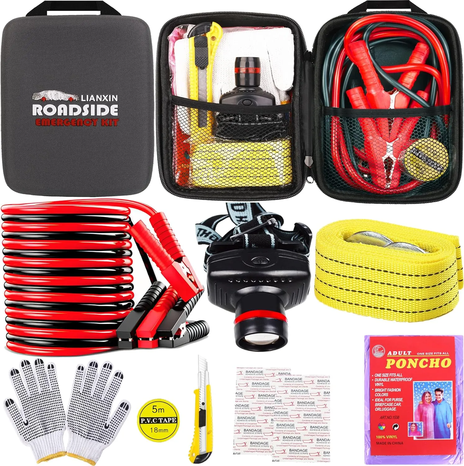 Car Roadside Emergency Kit, with Jumper Cables Automotive Kit,Car Safety Roadside Assistance Kit Headlamp,Tow Straps,Art Knife, Rainwear, Gloves.Grey