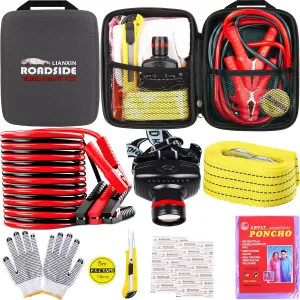 Car Roadside Emergency Kit, with Jumper Cables Automotive Kit,Car Safety Roadside Assistance Kit Headlamp,Tow Straps,Art Knife, Rainwear, Gloves.Grey