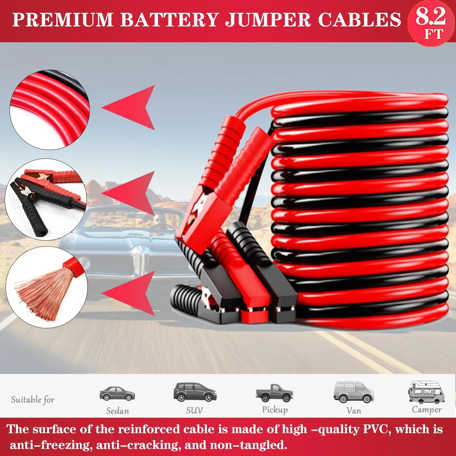 Car Roadside Emergency Kit, with Jumper Cables Automotive Kit,Car Safety Roadside Assistance Kit Headlamp,Tow Straps,Art Knife, Rainwear, Gloves.Grey