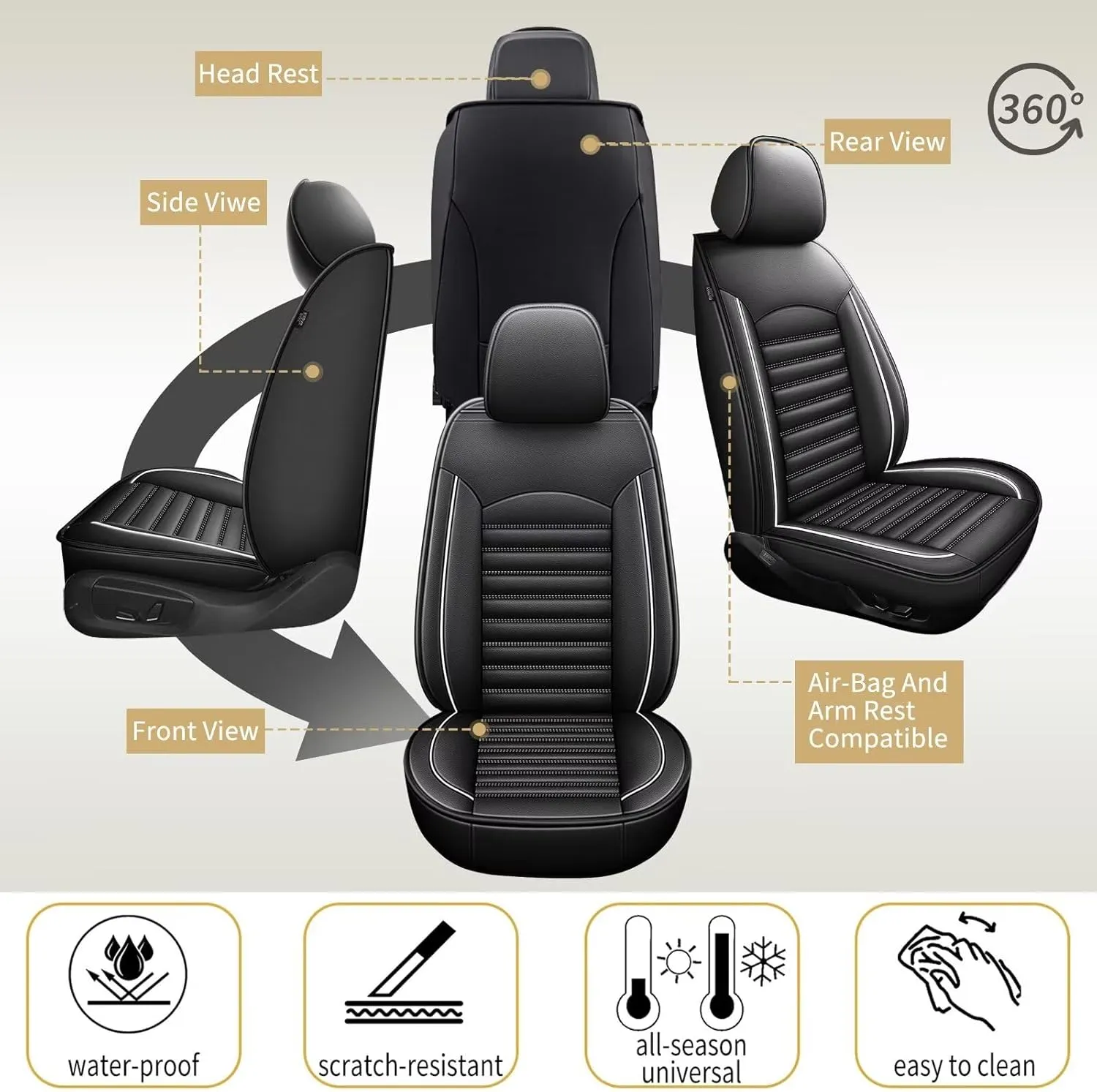 Car Seat Covers Fit for Volkswagen Taos 2022-2025 Faux Leather Seat Cover Full Set Compatible Airbag Waterproof Seat Cushion Automotive Interior Accessories 2 Rows 5 Seats(White Line)
