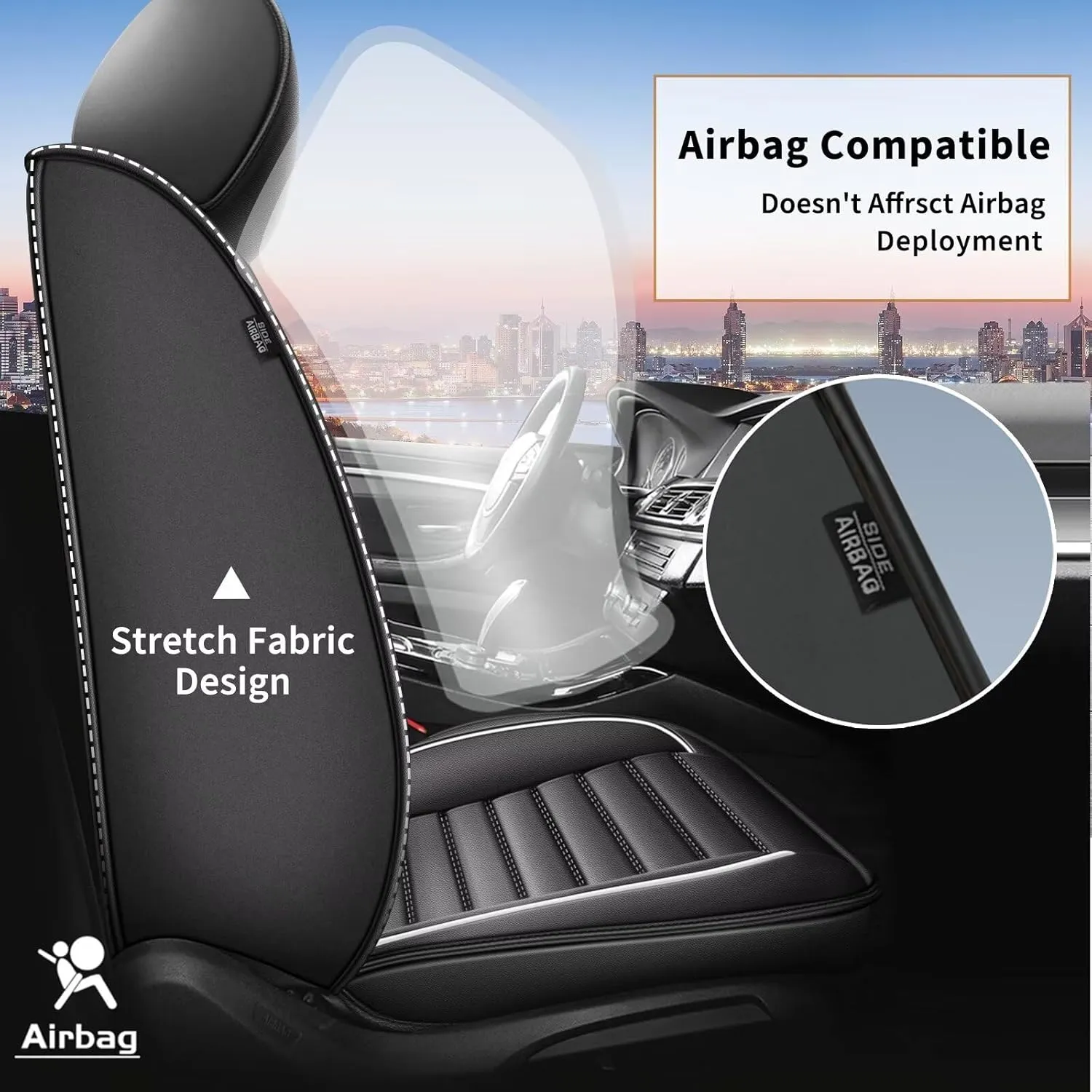 Car Seat Covers Fit for Volkswagen Taos 2022-2025 Faux Leather Seat Cover Full Set Compatible Airbag Waterproof Seat Cushion Automotive Interior Accessories 2 Rows 5 Seats(White Line)