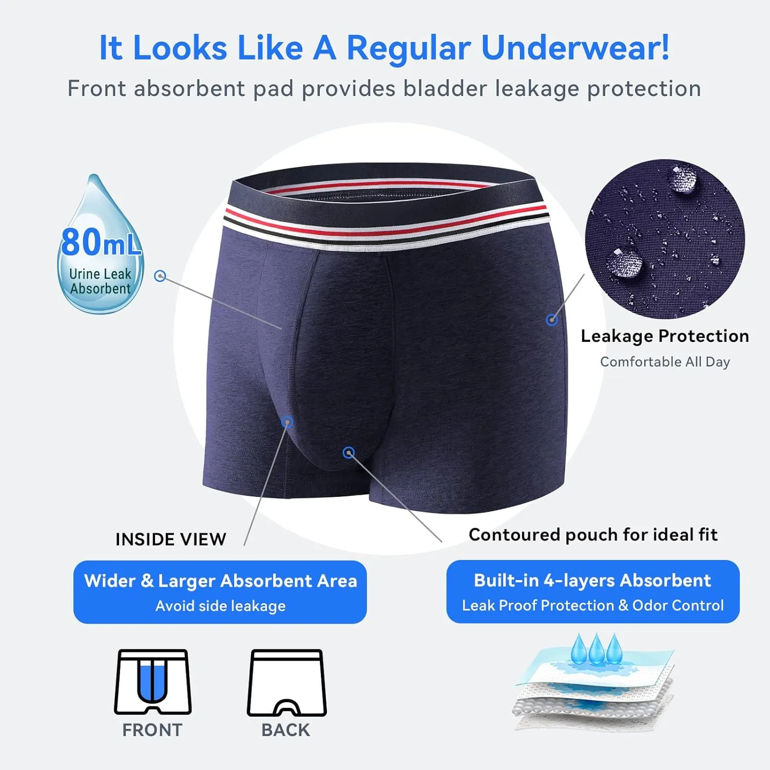 Carer Incontinence Underwear for Men Washable Mens Incontinence Underwear with Front Absorbent Urine 80ml Waterproof Leak Proof Underwear for Men Reusable Incontinence Boxer Briefs 2 Pack, Large