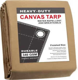 CARTMAN Finished Size 10x12 Feet Tan Canvas Tarp with Rustproof Grommets, 12 Oz Heavy Duty Multipurpose Tarpaulin Cover for Canopy Tent, Roof, Camping, Woodpile