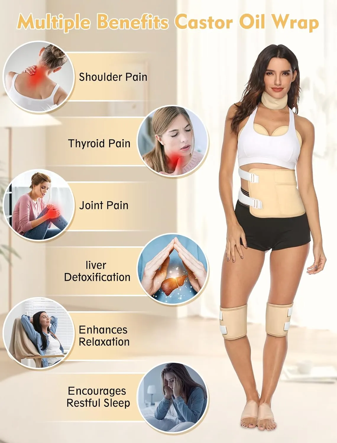 Castor Oil Pack Wrap, 9pcs Reusable Organic Cotton Castor Oil Pack Kit for Shoulder Neck Waist Chest Knee and Feet - Adjustable Compress Castor Oil Wrap Pads for Entire Body, Anti-Oil Leak