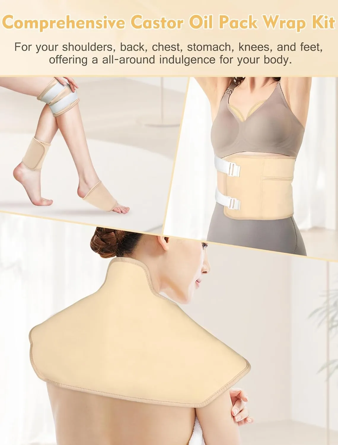 Castor Oil Pack Wrap, 9pcs Reusable Organic Cotton Castor Oil Pack Kit for Shoulder Neck Waist Chest Knee and Feet - Adjustable Compress Castor Oil Wrap Pads for Entire Body, Anti-Oil Leak