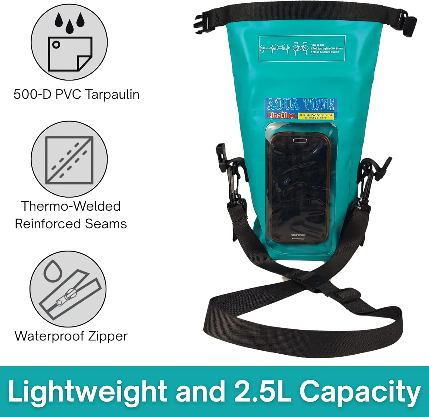 Cell Phone Crossbody Teal Tote Bag 100% Waterproof Floating Dry Bag Protection for Your Mobile Device During All Water Sports | 2.5L Large Capacity Holds Sunscreen, Sunglasses, Watch