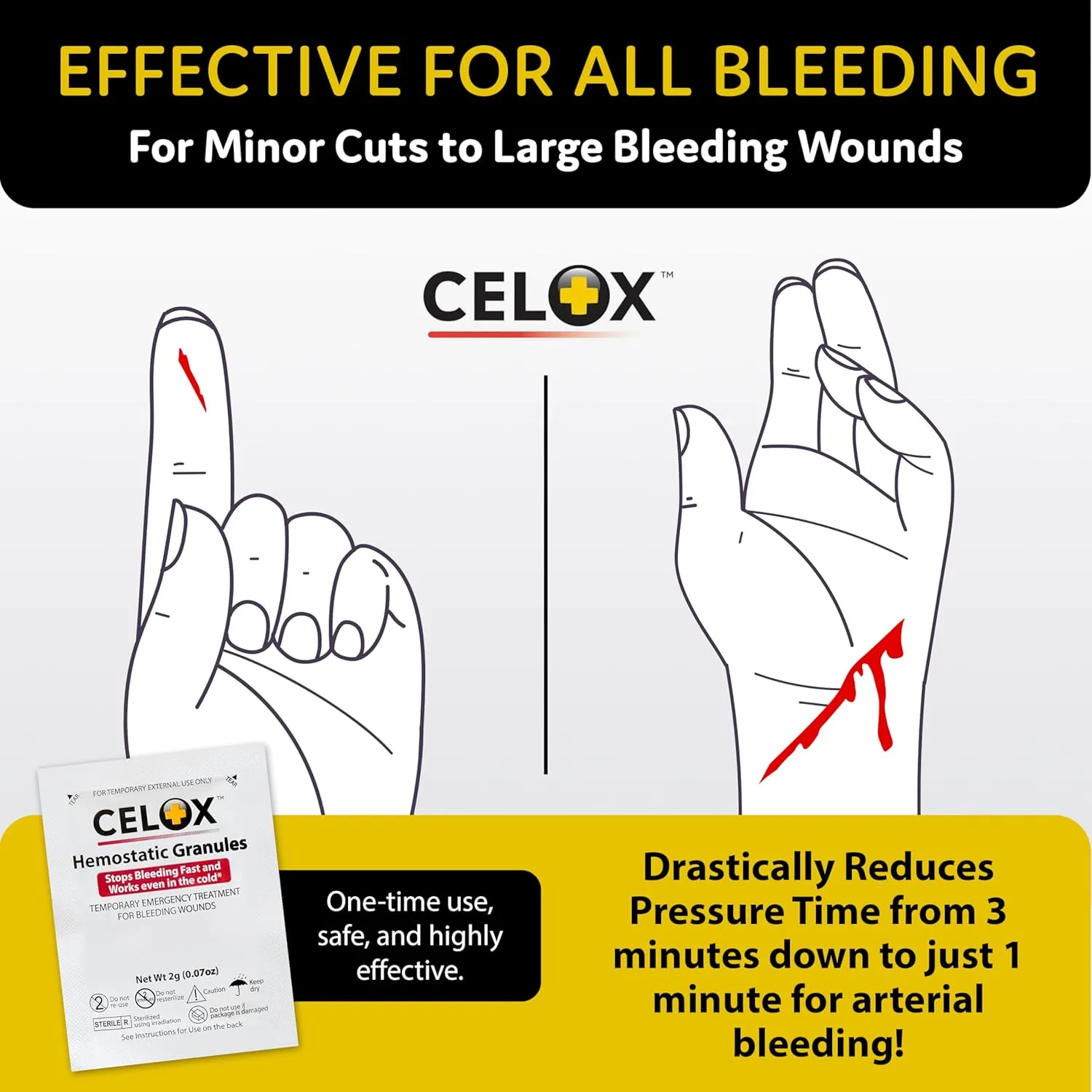 Celox’s Granular Hemostat First Aid Blood Clotting Powder for Wound Care, Camping Safety, and Quick Clot Solution for Moderate to Severe Bleeding, Aid to Stop Bleeding Products 8 Count ILIOS Packaged