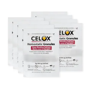 Celox’s Granular Hemostat First Aid Blood Clotting Powder for Wound Care, Camping Safety, and Quick Clot Solution for Moderate to Severe Bleeding, Aid to Stop Bleeding Products 8 Count ILIOS Packaged