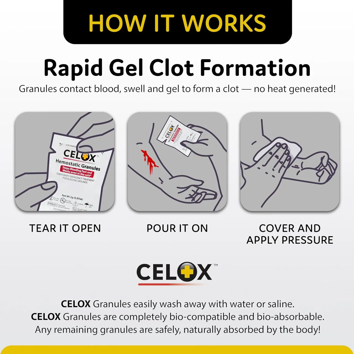 Celox’s Granular Hemostat First Aid Blood Clotting Powder for Wound Care, Camping Safety, and Quick Clot Solution for Moderate to Severe Bleeding, Aid to Stop Bleeding Products 8 Count ILIOS Packaged