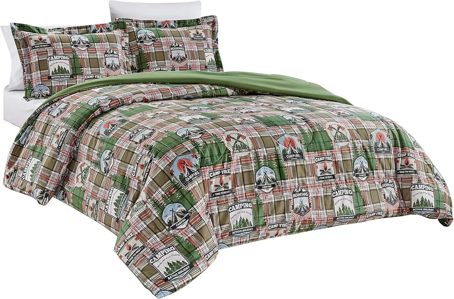 Chezmoi Collection 3-Piece Country Cabin Lodge Camping Outdoor Wilderness Microfiber Printed Comforter Set, King, Green